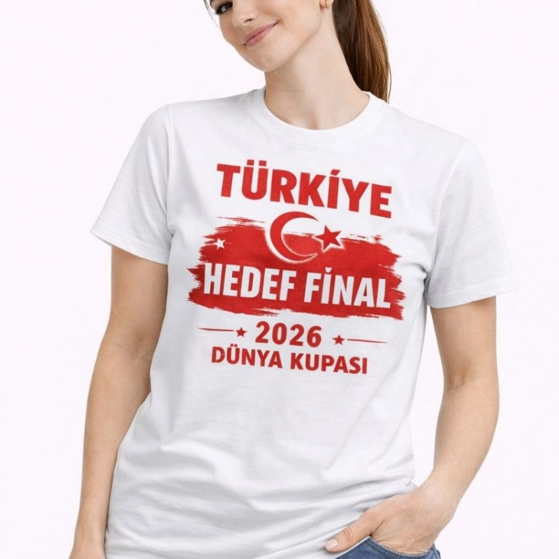 Kadın TÜRKİYE Baskılı Tişört Ay Yıldız 2026 Dünya Kupası Taraftar Forma T-Shirt - Beyaz