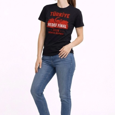 Kadın TÜRKİYE Baskılı Tişört Ay Yıldız 2026 Dünya Kupası Taraftar Forma T-Shirt - Siyah