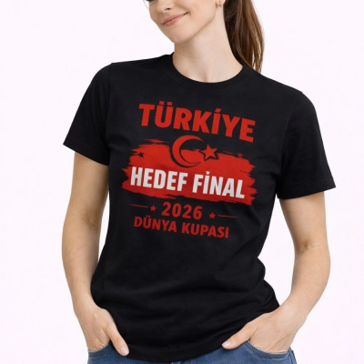 Kadın TÜRKİYE Baskılı Tişört Ay Yıldız 2026 Dünya Kupası Taraftar Forma T-Shirt - Siyah