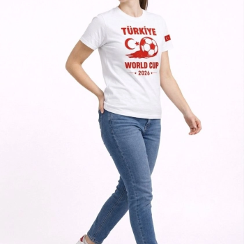 Kadın Türkiye World Cup 2026 Baskılı Tişört Futbol Temalı Forma T-Shirt - Beyaz