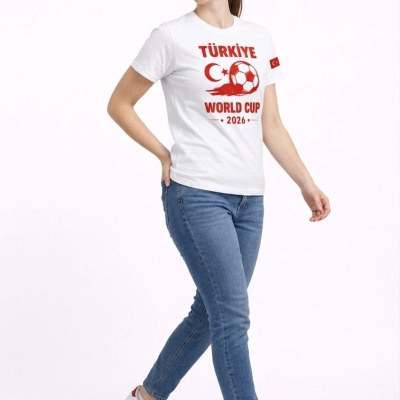 Kadın Türkiye World Cup 2026 Baskılı Tişört Futbol Temalı Forma T-Shirt - Beyaz
