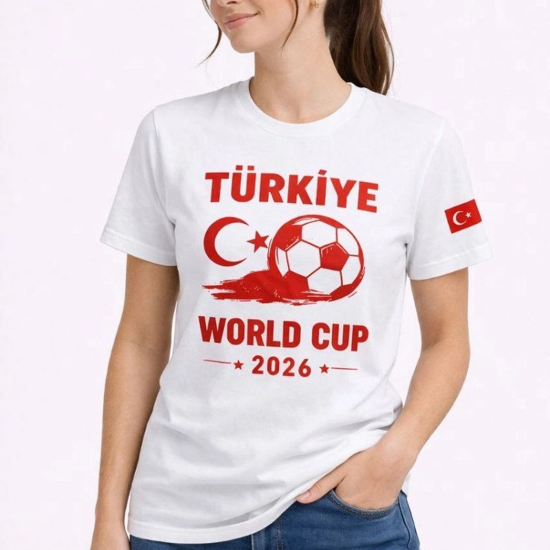Kadın Türkiye World Cup 2026 Baskılı Tişört Futbol Temalı Forma T-Shirt - Beyaz