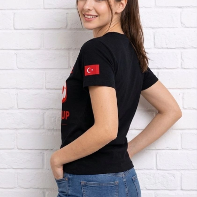 Kadın Türkiye World Cup 2026 Baskılı Tişört Futbol Temalı Forma T-Shirt - Siyah