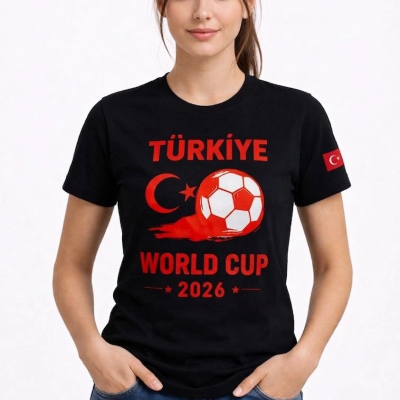 Kadın Türkiye World Cup 2026 Baskılı Tişört Futbol Temalı Forma T-Shirt - Siyah