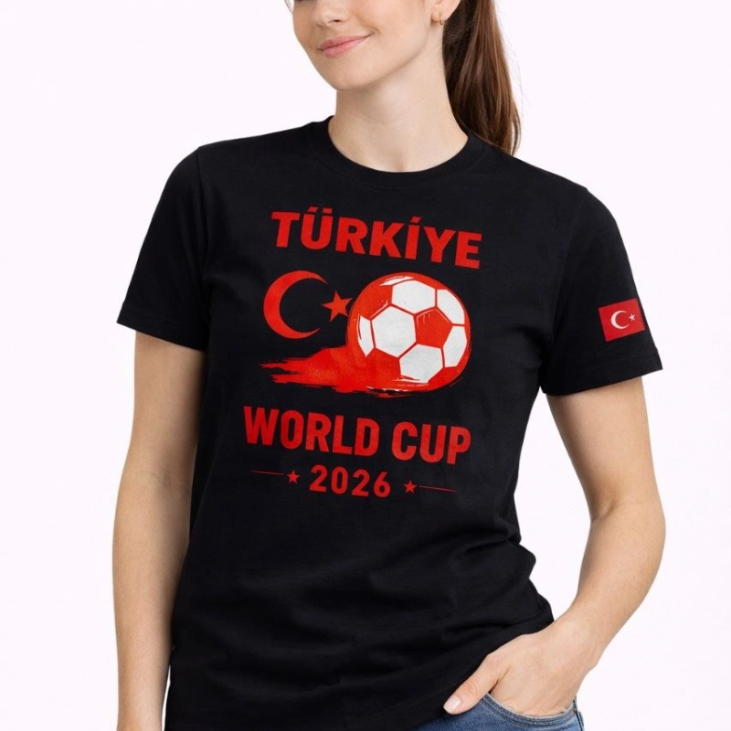 Kadın Türkiye World Cup 2026 Baskılı Tişört Futbol Temalı Forma T-Shirt - Siyah