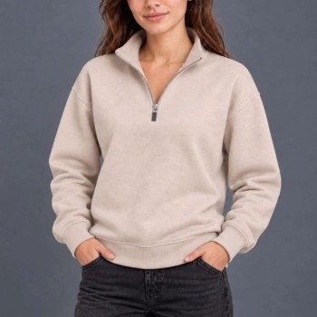 Kadın Üç İplik İçi Şardonlu Dik Yaka Yarım Fermuarlı Kışlık Sweatshirt - Bej
