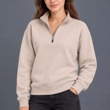 Kadın Üç İplik İçi Şardonlu Dik Yaka Yarım Fermuarlı Kışlık Sweatshirt - Bej