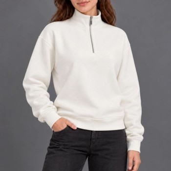 Kadın Üç İplik İçi Şardonlu Dik Yaka Yarım Fermuarlı Kışlık Sweatshirt - Beyaz