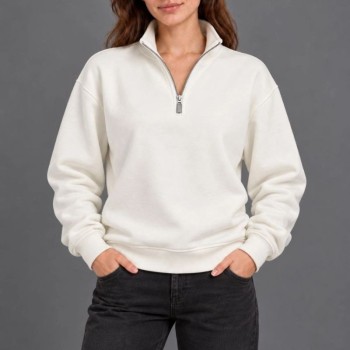 Kadın Üç İplik İçi Şardonlu Dik Yaka Yarım Fermuarlı Kışlık Sweatshirt - Beyaz