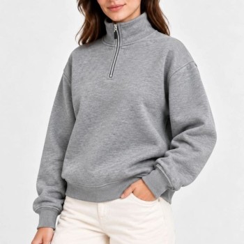 Kadın Üç İplik İçi Şardonlu Dik Yaka Yarım Fermuarlı Kışlık Sweatshirt - Grİ