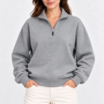 Kadın Üç İplik İçi Şardonlu Dik Yaka Yarım Fermuarlı Kışlık Sweatshirt - Grİ