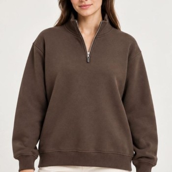 Kadın Üç İplik İçi Şardonlu Dik Yaka Yarım Fermuarlı Kışlık Sweatshirt - Kahverengi