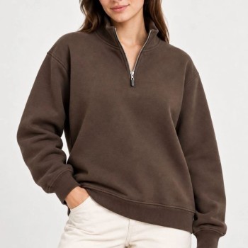 Kadın Üç İplik İçi Şardonlu Dik Yaka Yarım Fermuarlı Kışlık Sweatshirt - Kahverengi