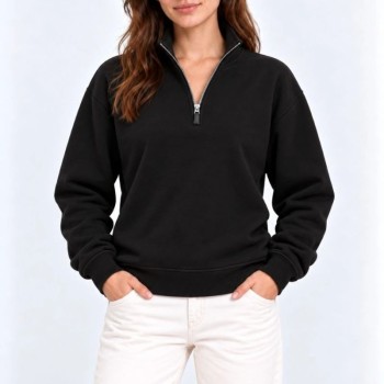 Kadın Üç İplik İçi Şardonlu Dik Yaka Yarım Fermuarlı Kışlık Sweatshirt - Siyah