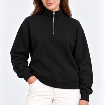 Kadın Üç İplik İçi Şardonlu Dik Yaka Yarım Fermuarlı Kışlık Sweatshirt - Siyah