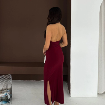 Kadın Uzun Abiye Elbise Yırtmaçlı Sırt Dekolteli Şık Gece Elbisesi - Bordo