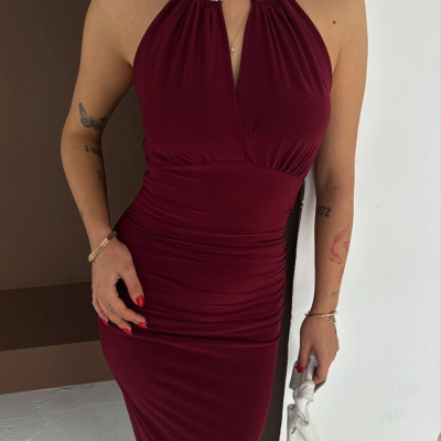 Kadın Uzun Abiye Elbise Yırtmaçlı Sırt Dekolteli Şık Gece Elbisesi - Bordo