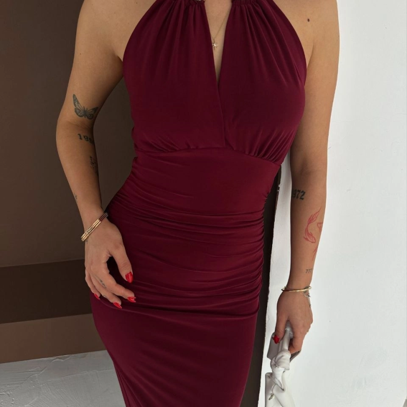 Kadın Uzun Abiye Elbise Yırtmaçlı Sırt Dekolteli Şık Gece Elbisesi - Bordo