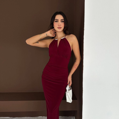 Kadın Uzun Abiye Elbise Yırtmaçlı Sırt Dekolteli Şık Gece Elbisesi - Bordo