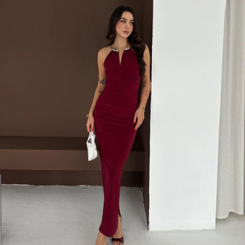 Kadın Uzun Abiye Elbise Yırtmaçlı Sırt Dekolteli Şık Gece Elbisesi - Bordo