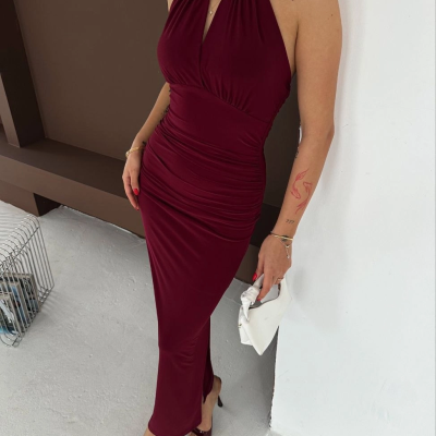 Kadın Uzun Abiye Elbise Yırtmaçlı Sırt Dekolteli Şık Gece Elbisesi - Bordo