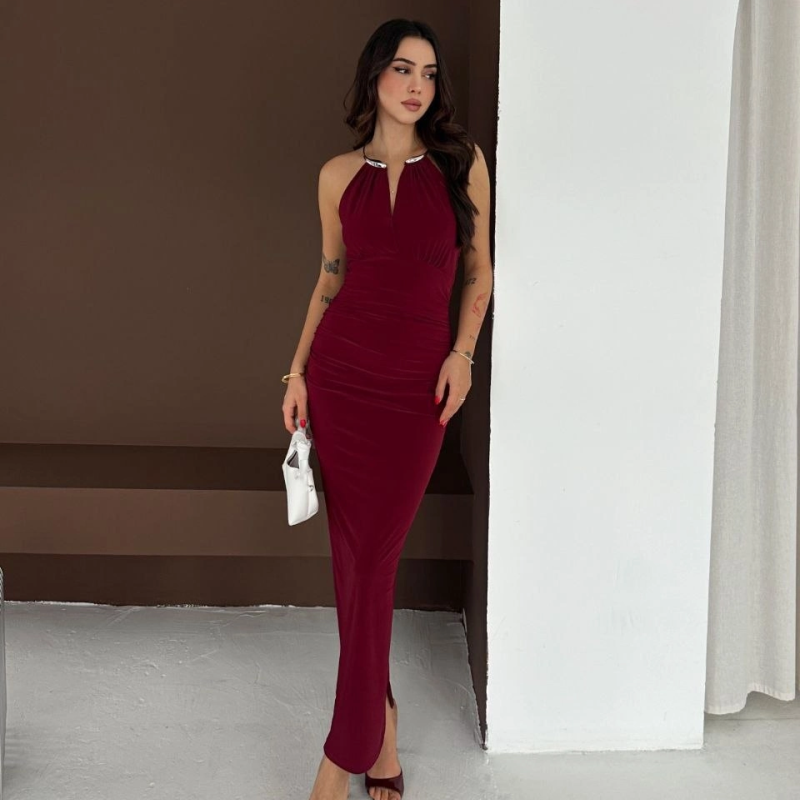 Kadın Uzun Abiye Elbise Yırtmaçlı Sırt Dekolteli Şık Gece Elbisesi - Bordo