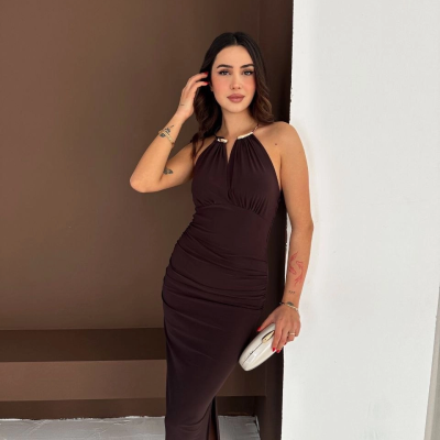 Kadın Uzun Abiye Elbise Yırtmaçlı Sırt Dekolteli Şık Gece Elbisesi - Kahverengi