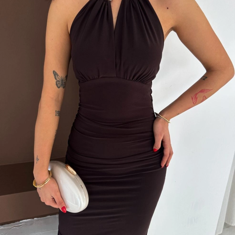 Kadın Uzun Abiye Elbise Yırtmaçlı Sırt Dekolteli Şık Gece Elbisesi - Kahverengi