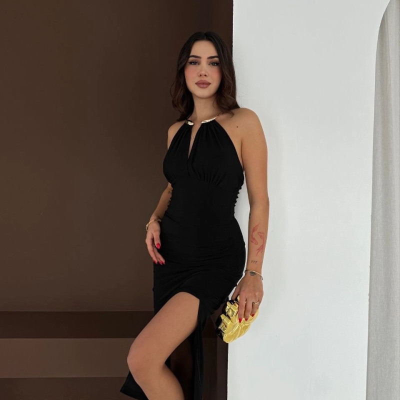 Kadın Uzun Abiye Elbise Yırtmaçlı Sırt Dekolteli Şık Gece Elbisesi - Siyah