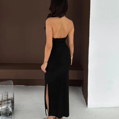 Kadın Uzun Abiye Elbise Yırtmaçlı Sırt Dekolteli Şık Gece Elbisesi - Siyah