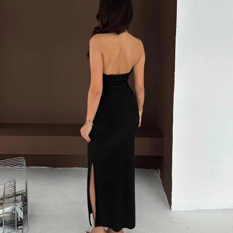 Kadın Uzun Abiye Elbise Yırtmaçlı Sırt Dekolteli Şık Gece Elbisesi - Siyah