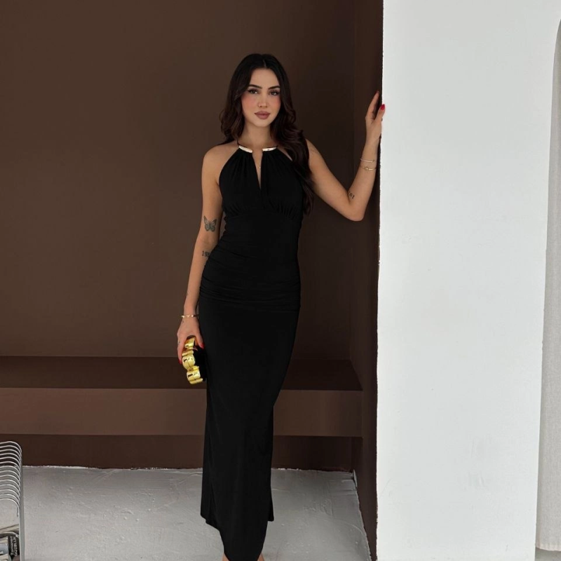 Kadın Uzun Abiye Elbise Yırtmaçlı Sırt Dekolteli Şık Gece Elbisesi - Siyah