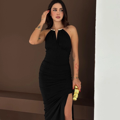 Kadın Uzun Abiye Elbise Yırtmaçlı Sırt Dekolteli Şık Gece Elbisesi - Siyah