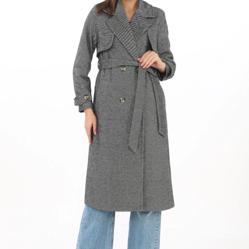 Kadın Uzun Kaşe Kaban Balık Sırtı Dokuma Kaşmir Kruvaze Yaka Kuşaklı Cepli - Boyalı Gri