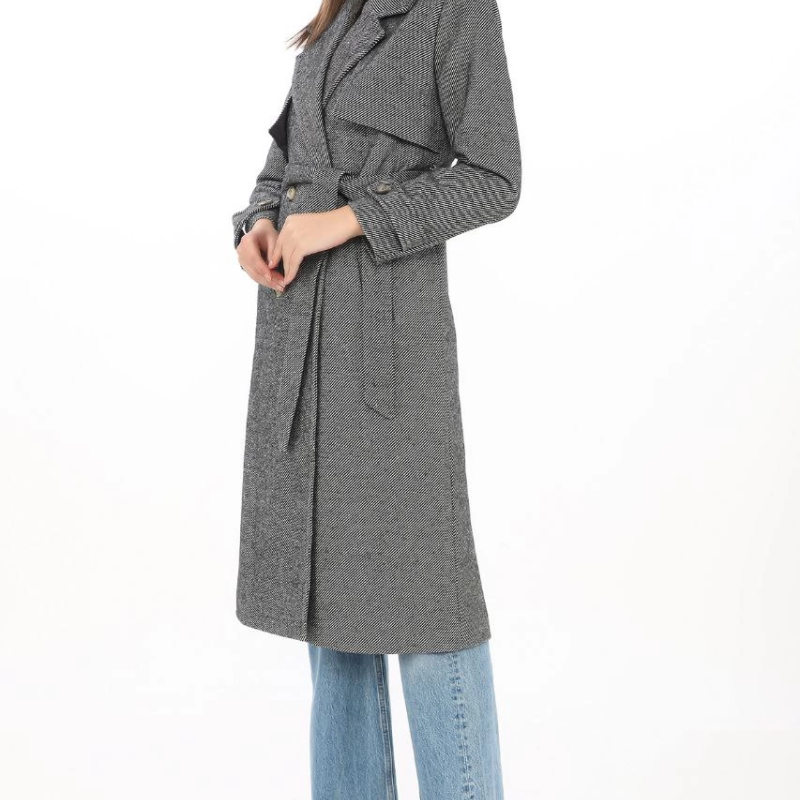 Kadın Uzun Kaşe Kaban Balık Sırtı Dokuma Kaşmir Kruvaze Yaka Kuşaklı Cepli - Boyalı Gri