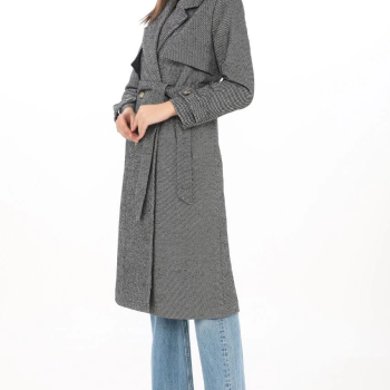 Kadın Uzun Kaşe Kaban Balık Sırtı Dokuma Kaşmir Kruvaze Yaka Kuşaklı Cepli - Füme