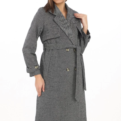 Kadın Uzun Kaşe Kaban Balık Sırtı Dokuma Kaşmir Kruvaze Yaka Kuşaklı Cepli - Füme