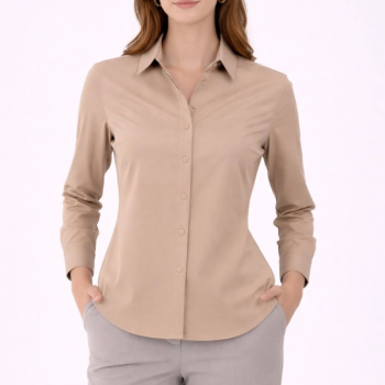 Kadın Uzun Kol Gömlek Düğmeli Klasik Yaka Günlük ve Ofis Şıklığına uygun - Bej