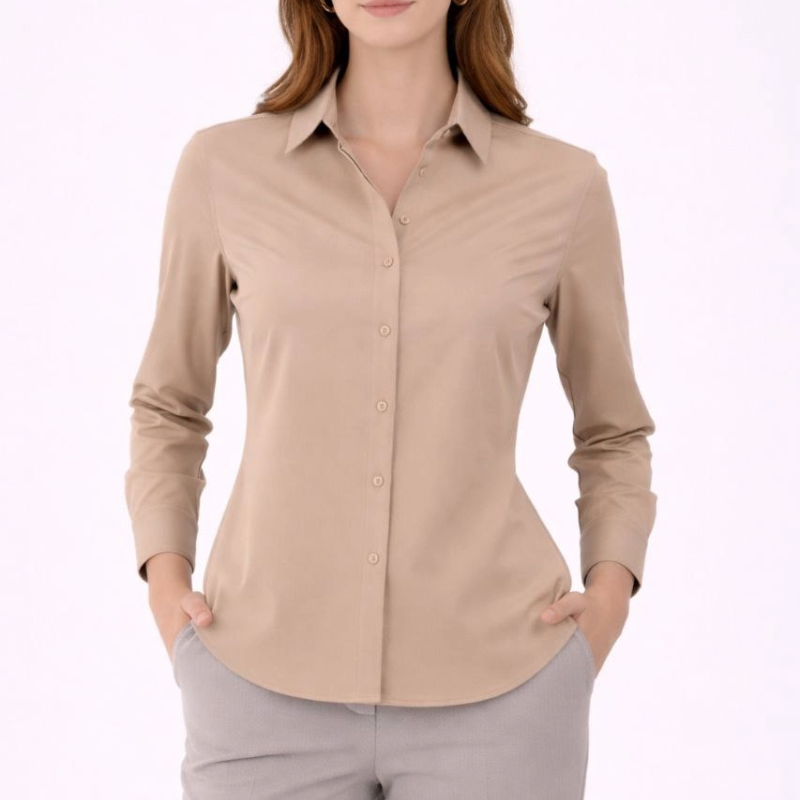 Kadın Uzun Kol Gömlek Düğmeli Klasik Yaka Günlük ve Ofis Şıklığına uygun - Bej