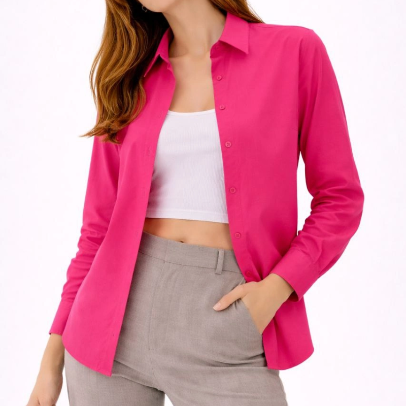 Kadın Uzun Kol Gömlek Düğmeli Klasik Yaka Günlük ve Ofis Şıklığına uygun - Fuşya
