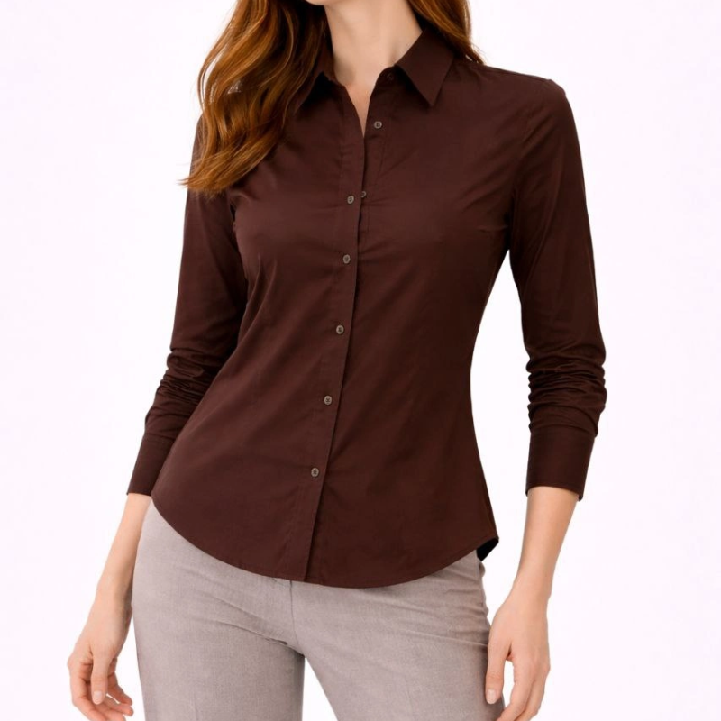 Kadın Uzun Kol Gömlek Düğmeli Klasik Yaka Günlük ve Ofis Şıklığına uygun - Kahverengi