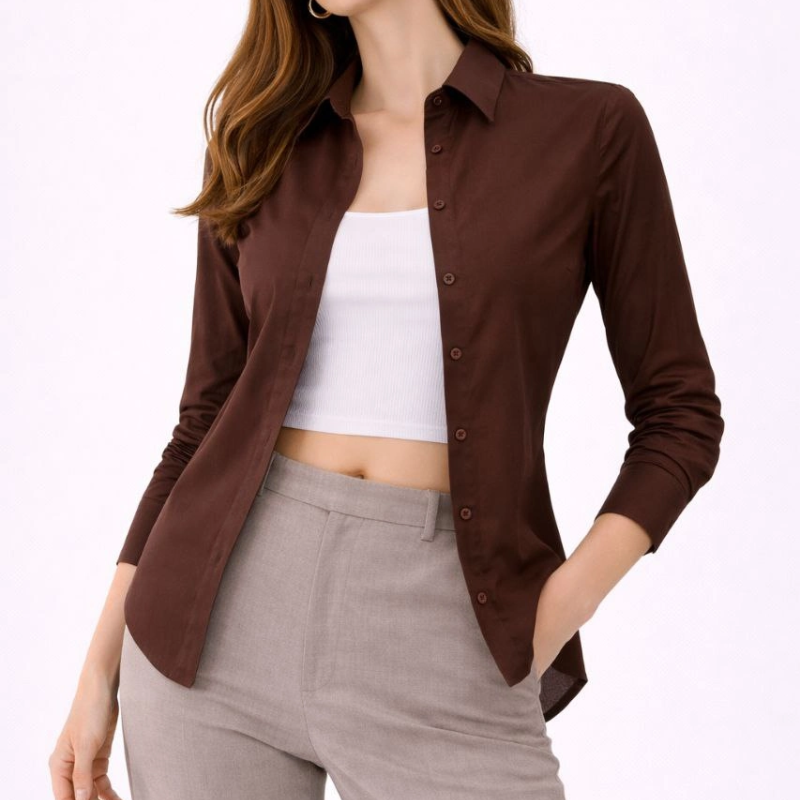 Kadın Uzun Kol Gömlek Düğmeli Klasik Yaka Günlük ve Ofis Şıklığına uygun - Kahverengi