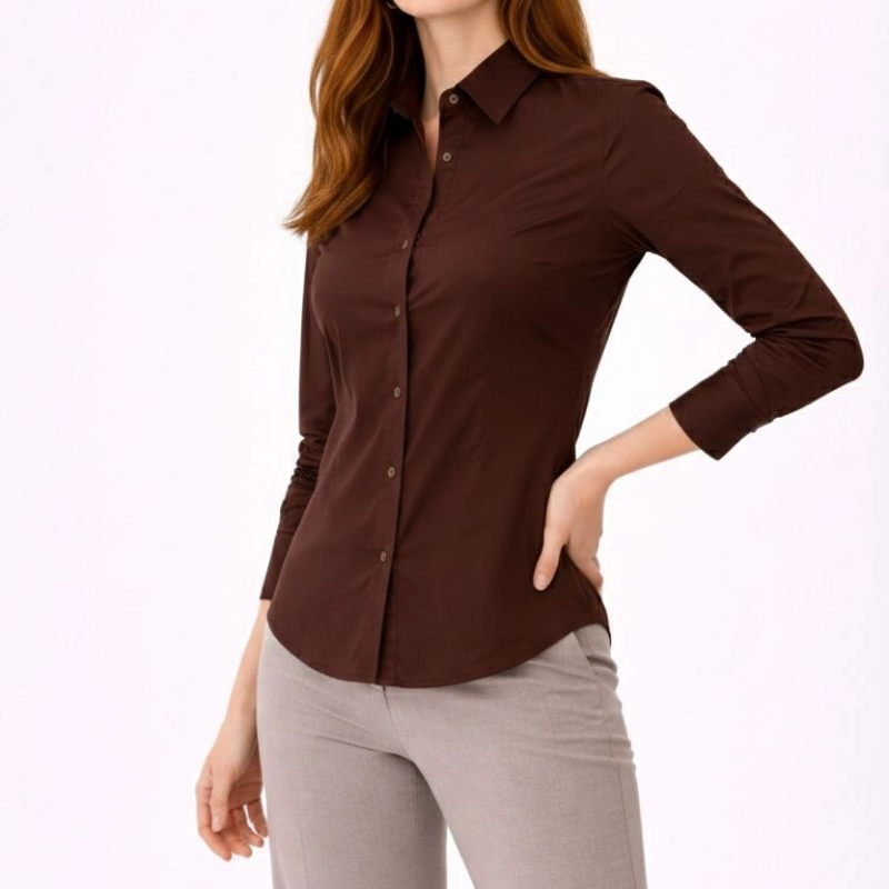 Kadın Uzun Kol Gömlek Düğmeli Klasik Yaka Günlük ve Ofis Şıklığına uygun - Kahverengi