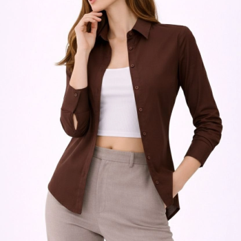 Kadın Uzun Kol Gömlek Düğmeli Klasik Yaka Günlük ve Ofis Şıklığına uygun - Kahverengi
