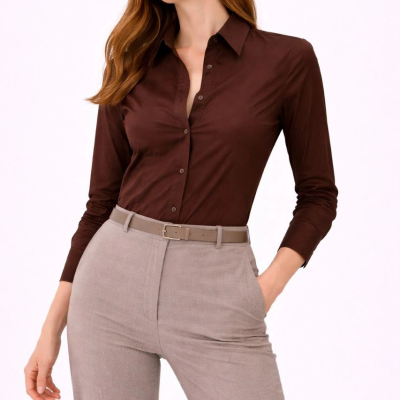 Kadın Uzun Kol Gömlek Düğmeli Klasik Yaka Günlük ve Ofis Şıklığına uygun - Kahverengi