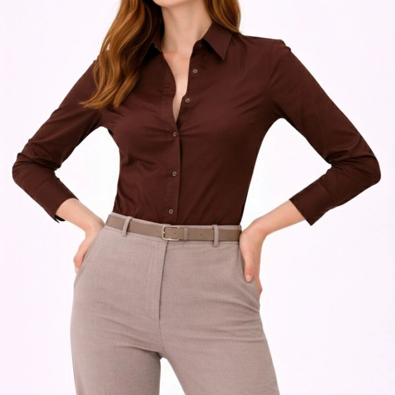 Kadın Uzun Kol Gömlek Düğmeli Klasik Yaka Günlük ve Ofis Şıklığına uygun - Kahverengi