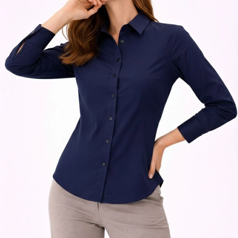 Kadın Uzun Kol Gömlek Düğmeli Klasik Yaka Günlük ve Ofis Şıklığına uygun - Lacivert