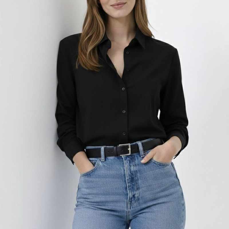 Kadın Uzun Kol Gömlek Düğmeli Klasik Yaka Günlük ve Ofis Şıklığına uygun - Siyah