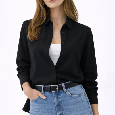 Kadın Uzun Kol Gömlek Düğmeli Klasik Yaka Günlük ve Ofis Şıklığına uygun - Siyah