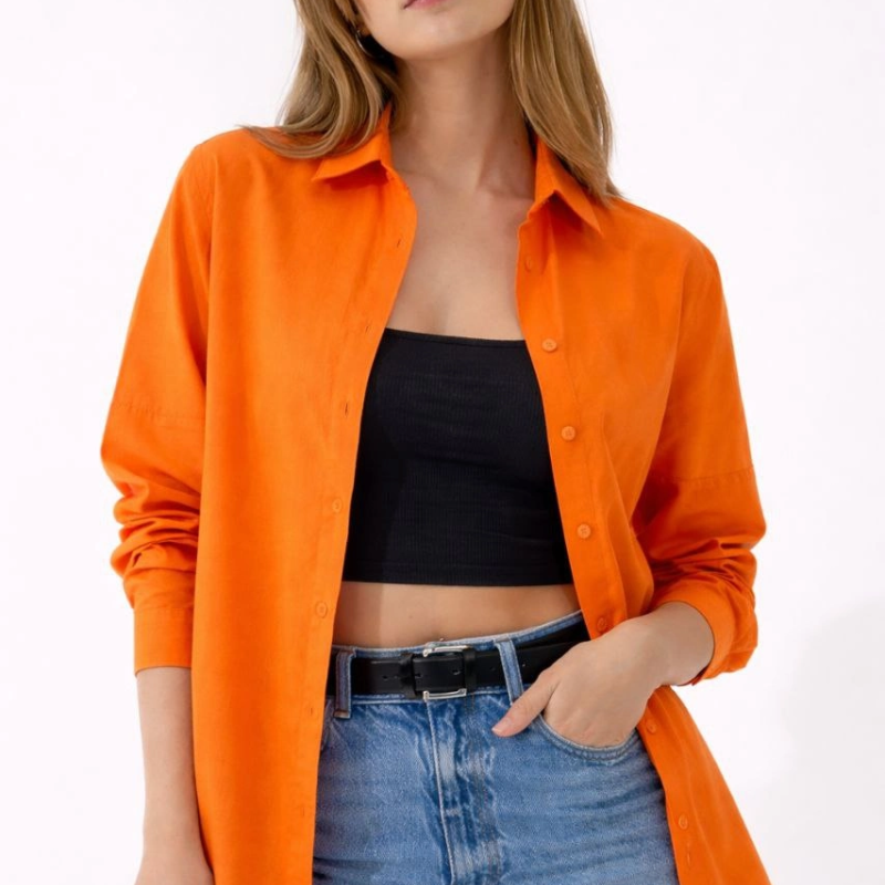 Kadın Uzun Kol Gömlek Düğmeli Klasik Yaka Günlük ve Ofis Şıklığına uygun - Turuncu